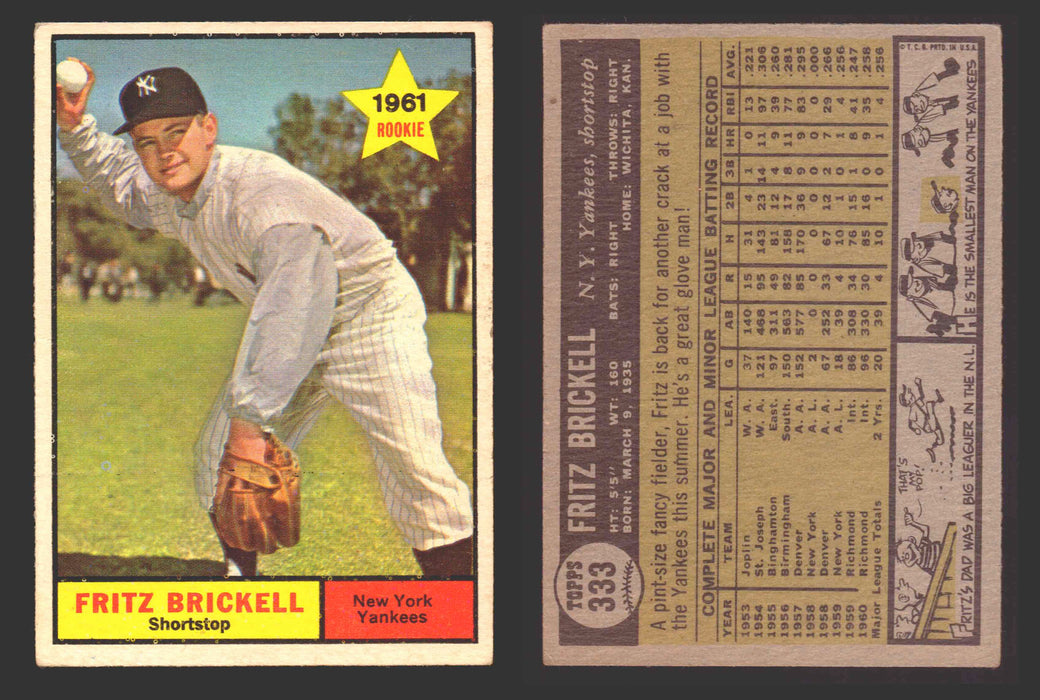 1961 Topps Baseball Trading Card You Pick Singles #300-#399 VG/EX #	333 Fritz Brickell - New York Yankees  - TvMovieCards.com