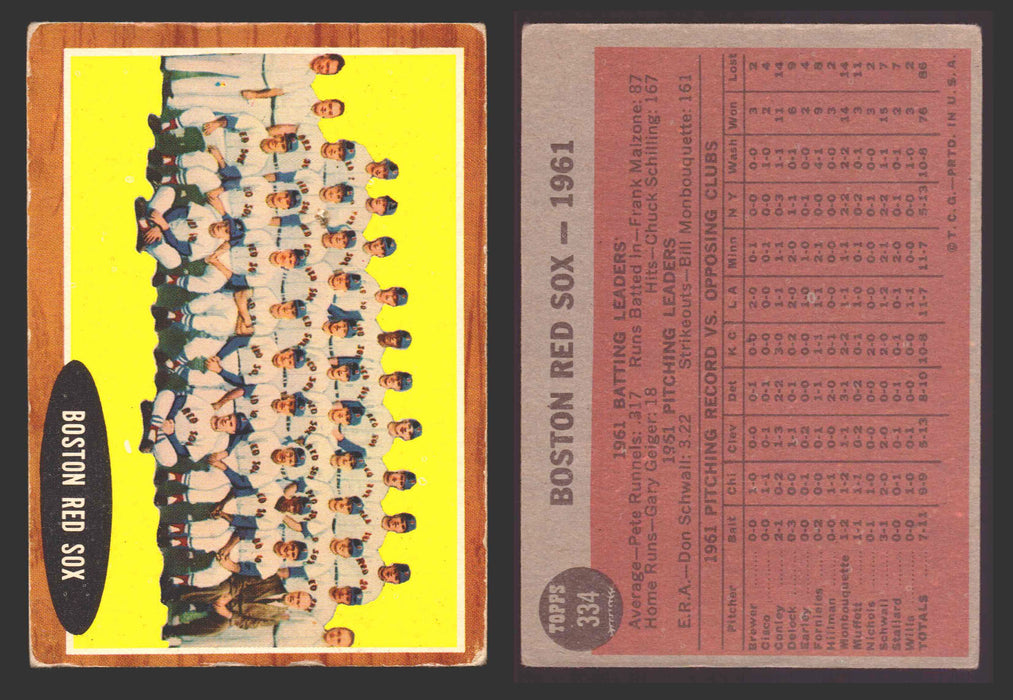 1962 Topps Baseball Trading Card You Pick Singles #300-#399 VG/EX #	334 Boston Red Sox Team  - TvMovieCards.com