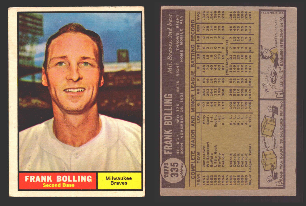 1961 Topps Baseball Trading Card You Pick Singles #300-#399 VG/EX #	335 Frank Bolling - Milwaukee Braves  - TvMovieCards.com