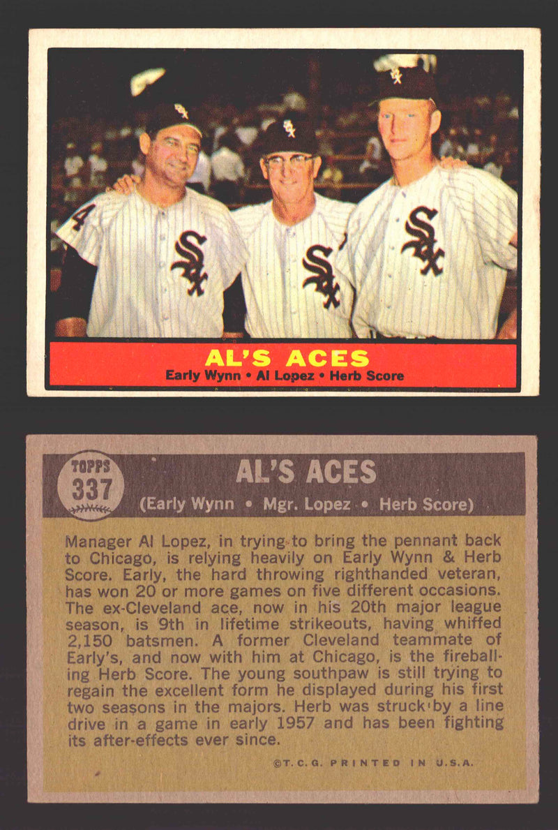 1961 Topps Baseball Trading Card You Pick Singles #300-#399 VG/EX #	337 Al's Aces - Early Wynn / Al Lopez / Herb Score  - TvMovieCards.com