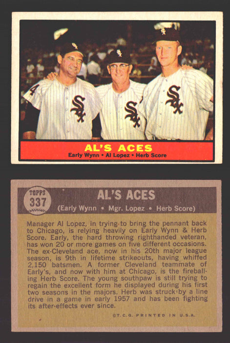 1961 Topps Baseball Trading Card You Pick Singles #300-#399 VG/EX #	337 Al's Aces - Early Wynn / Al Lopez / Herb Score  - TvMovieCards.com