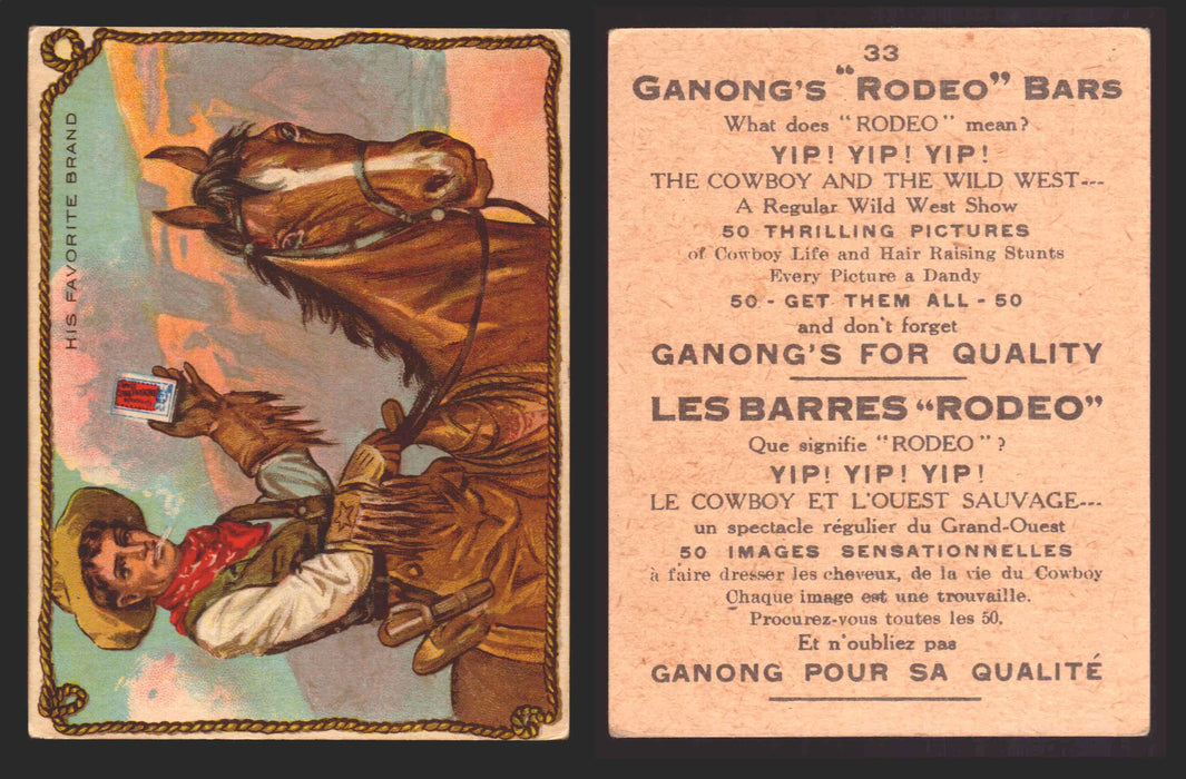 1930 Ganong "Rodeo" Bars V155 Cowboy Series #1-50 Trading Cards Singles #33 His Favorite Brand  - TvMovieCards.com