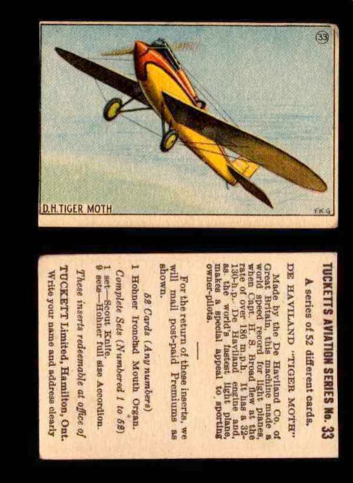 1929 Tucketts Aviation Series 1 Vintage Trading Cards You Pick Singles #1-52 #33 De Haviland Tiger Moth  - TvMovieCards.com