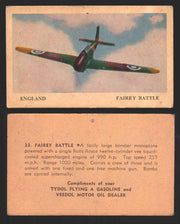 1940 Tydol Aeroplanes Flying A Gasoline You Pick Single Trading Card #1-40 #	33	Fairey Battle  - TvMovieCards.com