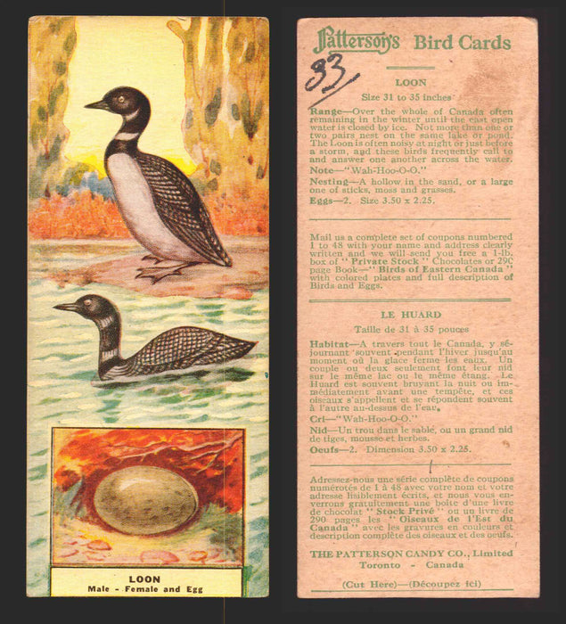1924 Patterson's Bird Chocolate Vintage Trading Cards U Pick Singles #1-46 33 Loon  - TvMovieCards.com