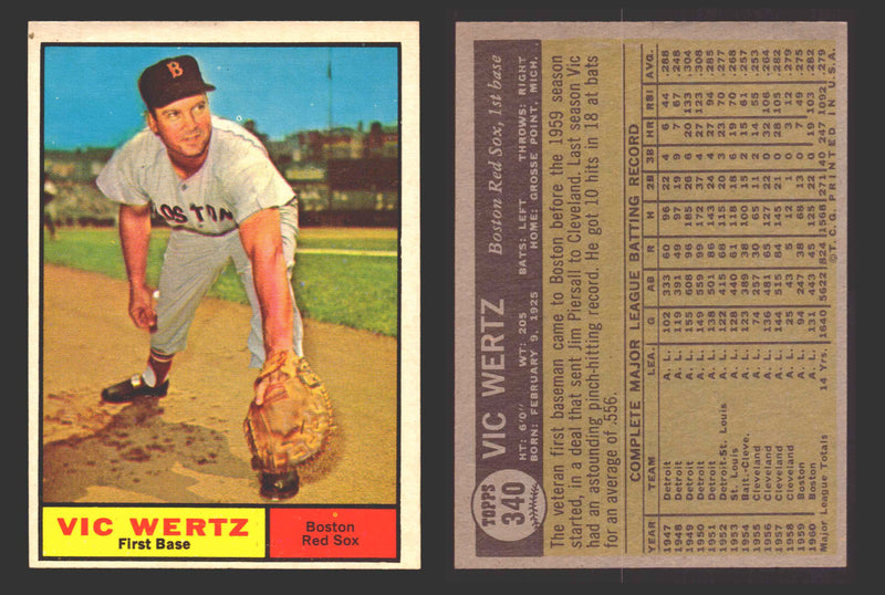 1961 Topps Baseball Trading Card You Pick Singles #300-#399 VG/EX #	340 Vic Wertz - Boston Red Sox  - TvMovieCards.com