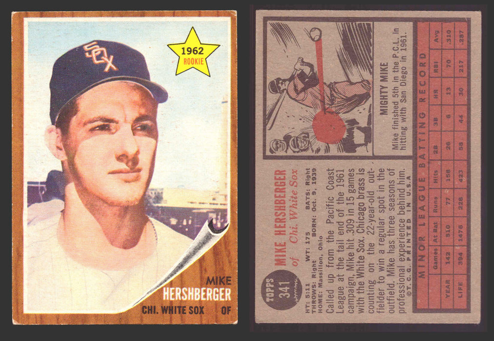 1962 Topps Baseball Trading Card You Pick Singles #300-#399 VG/EX #	341 Mike Hershberger - Chicago White Sox RC  - TvMovieCards.com