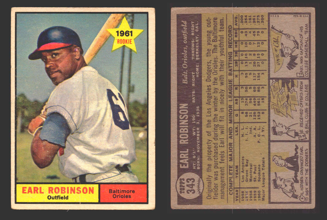 1961 Topps Baseball Trading Card You Pick Singles #300-#399 VG/EX #	343 Earl Robinson - Baltimore Orioles RC  - TvMovieCards.com