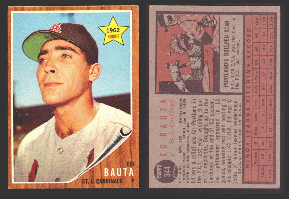 1962 Topps Baseball Trading Card You Pick Singles #300-#399 VG/EX #	344 Ed Bauta - St. Louis Cardinals  - TvMovieCards.com