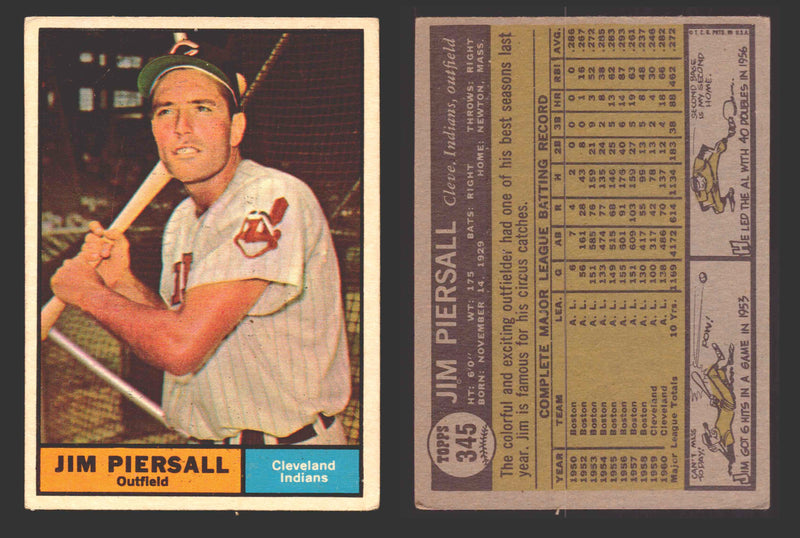 1961 Topps Baseball Trading Card You Pick Singles #300-#399 VG/EX #	345 Jim Piersall - Cleveland Indians  - TvMovieCards.com