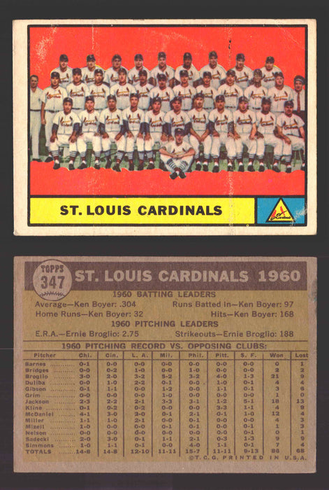 1961 Topps Baseball Trading Card You Pick Singles #300-#399 VG/EX #	347 St. Louis Cardinals Team  - TvMovieCards.com