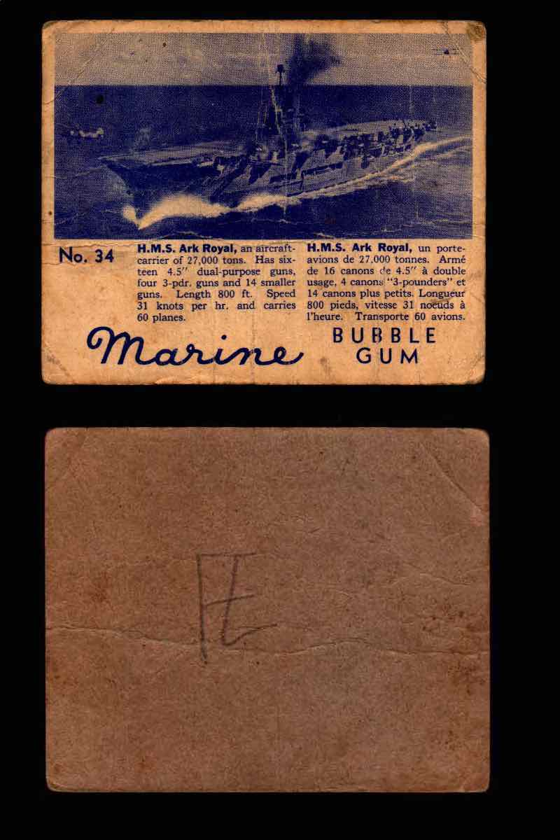 1944 Marine Bubble Gum World Wide V403-1 Vintage Trading Card #1-120 Singles #34 H.M.S. Ark Royal  - TvMovieCards.com