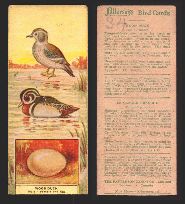 1924 Patterson's Bird Chocolate Vintage Trading Cards U Pick Singles #1-46 34 Wood Duck  - TvMovieCards.com