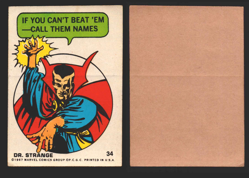 1967 Philadelphia Gum Marvel Super Hero Stickers Vintage You Pick Singles #1-55 34   Dr. Strange - If you can't beat 'em---Call them names!  - TvMovieCards.com