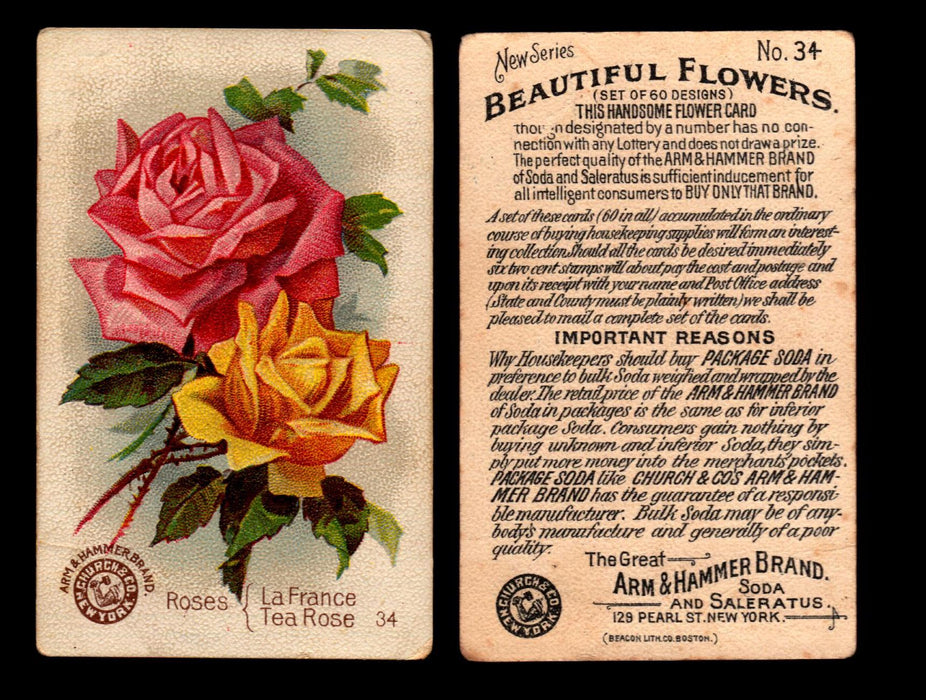 Beautiful Flowers New Series You Pick Singles Card #1-#60 Arm & Hammer 1888 J16 #34 Roses - La France - Tea Rose  - TvMovieCards.com