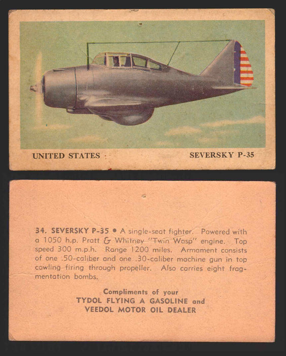 1940 Tydol Aeroplanes Flying A Gasoline You Pick Single Trading Card #1-40 #	34	Seversky P-35  - TvMovieCards.com