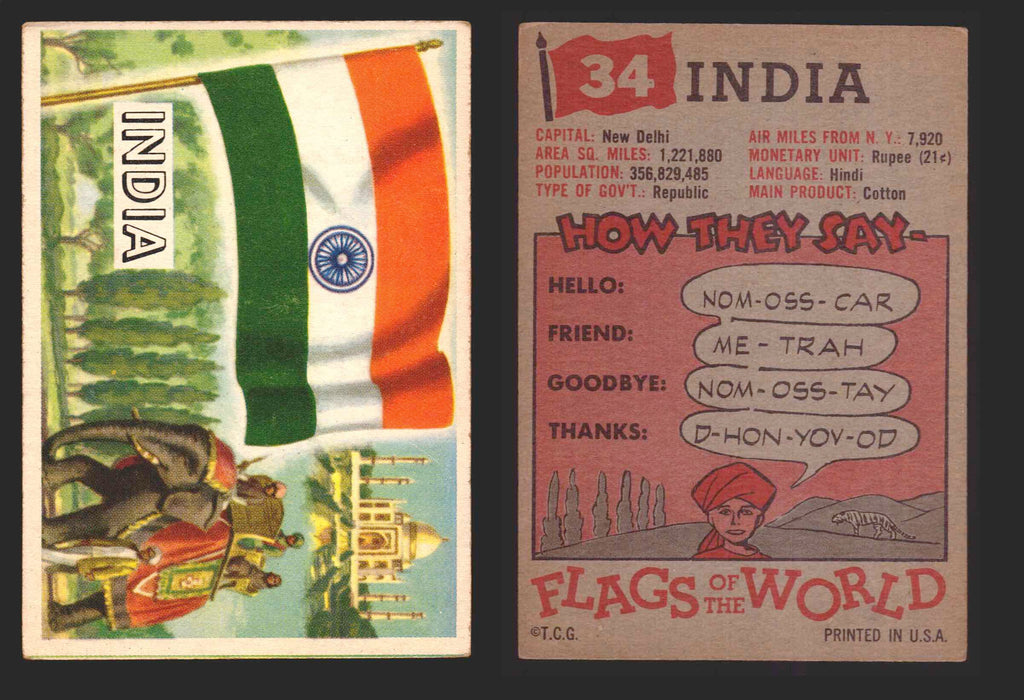 1956 Flags of the World Vintage Trading Cards You Pick Singles #1-#80 Topps 34	India  - TvMovieCards.com
