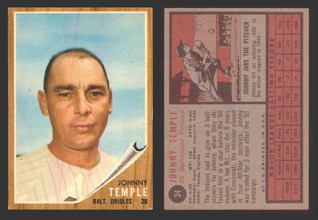 1962 Topps Baseball Trading Card You Pick Singles #1-#99 VG/EX #	34 Johnny Temple - Baltimore Orioles  - TvMovieCards.com
