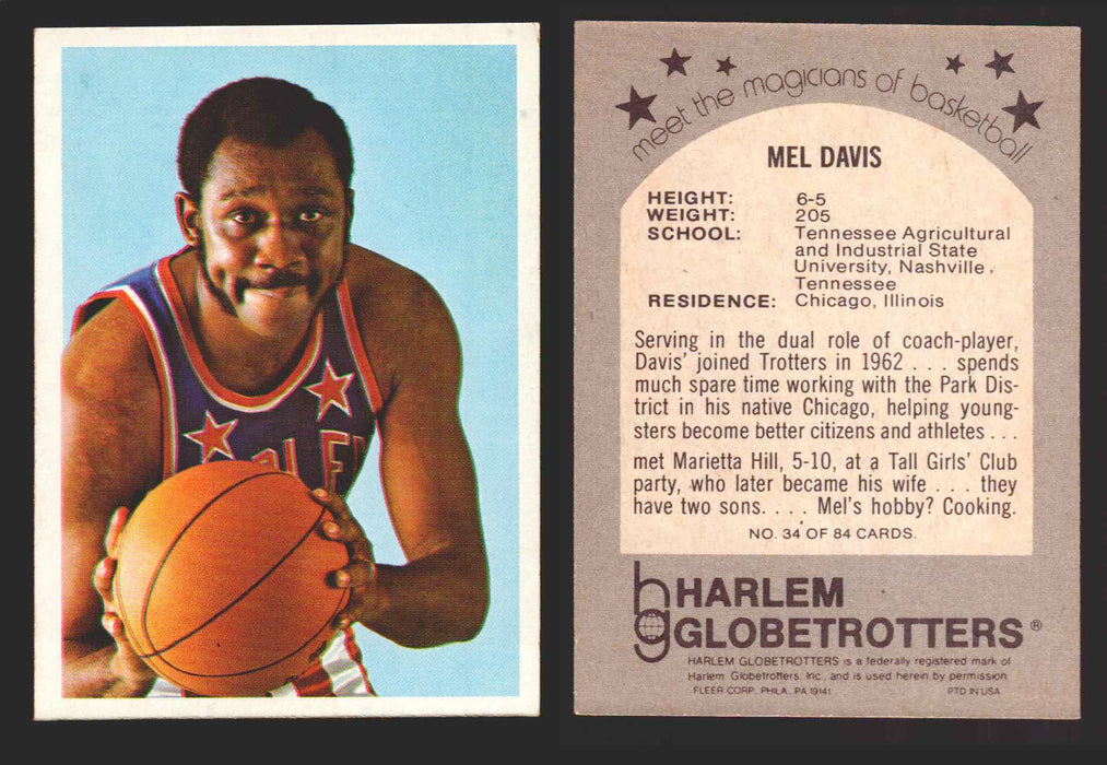 1971 Harlem Globetrotters Fleer Vintage Trading Card You Pick Singles #1-84 34 of 84   Mel Davis  - TvMovieCards.com