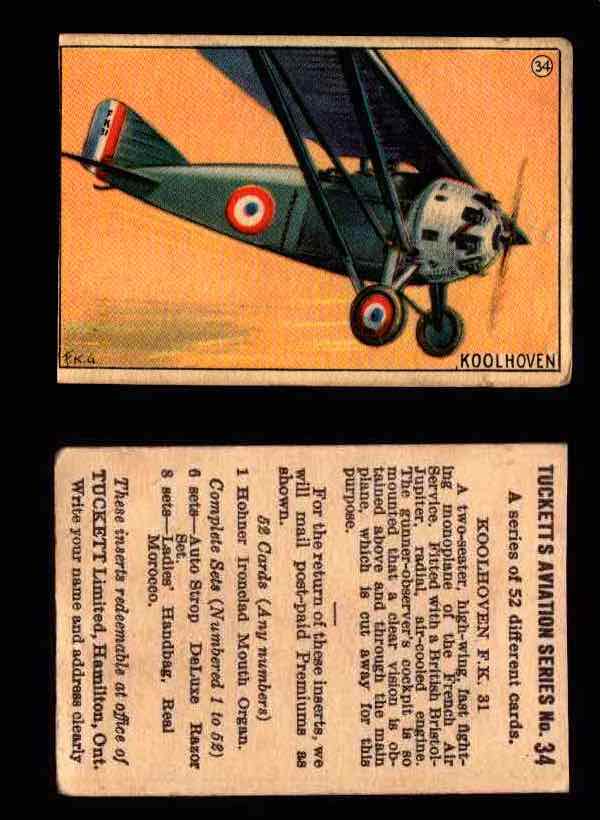 1929 Tucketts Aviation Series 1 Vintage Trading Cards You Pick Singles #1-52 #34 Koolhoven F.K. 31  - TvMovieCards.com