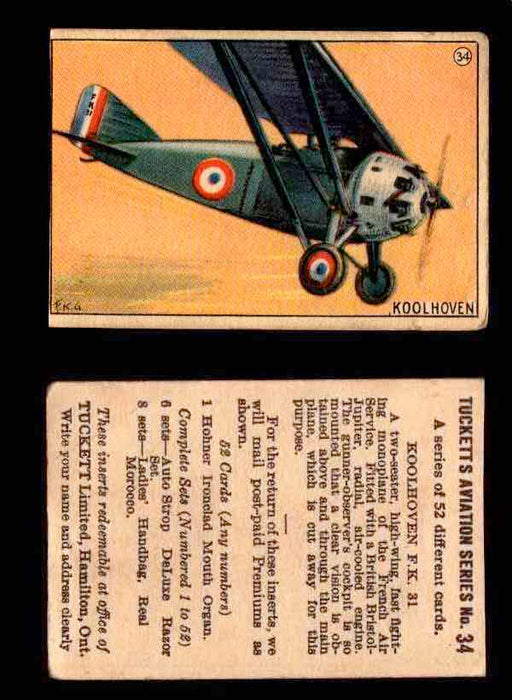 1929 Tucketts Aviation Series 1 Vintage Trading Cards You Pick Singles #1-52 #34 Koolhoven F.K. 31  - TvMovieCards.com