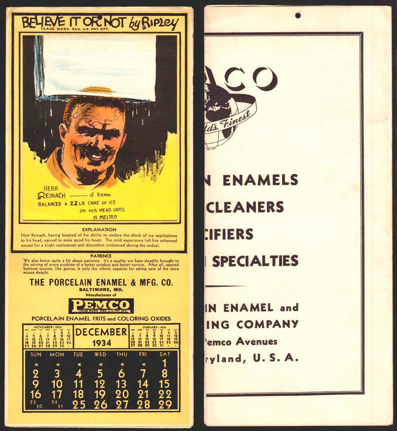 Ripley's Believe It or Not Facts Foldout Advertising Calendar 1933 - 1942 You Pi December	1934  - TvMovieCards.com