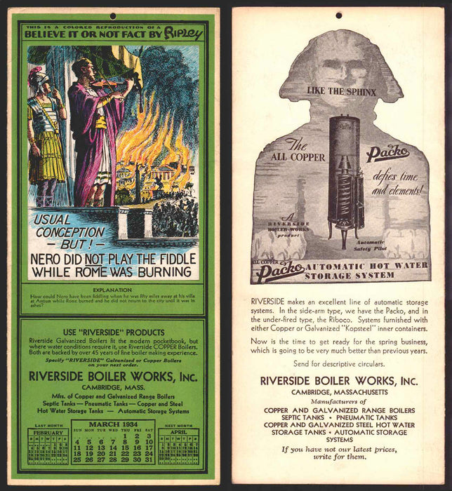 Ripley's Believe It or Not Facts Foldout Advertising Calendar 1933 - 1942 You Pi March	1934  - TvMovieCards.com