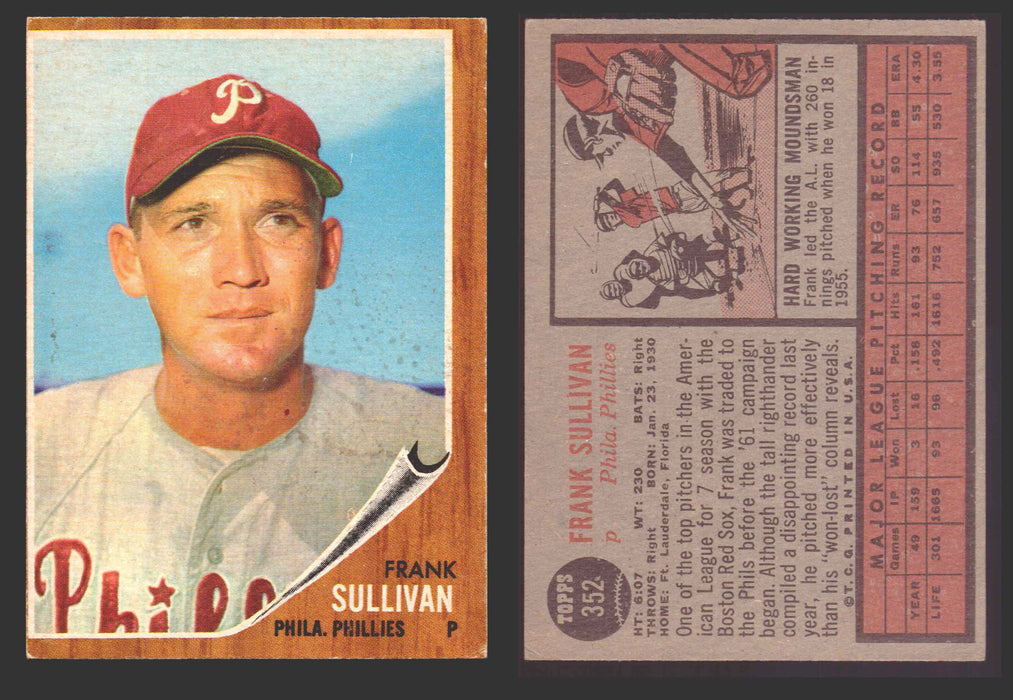 1962 Topps Baseball Trading Card You Pick Singles #300-#399 VG/EX #	352 Frank Sullivan - Philadelphia Phillies  - TvMovieCards.com