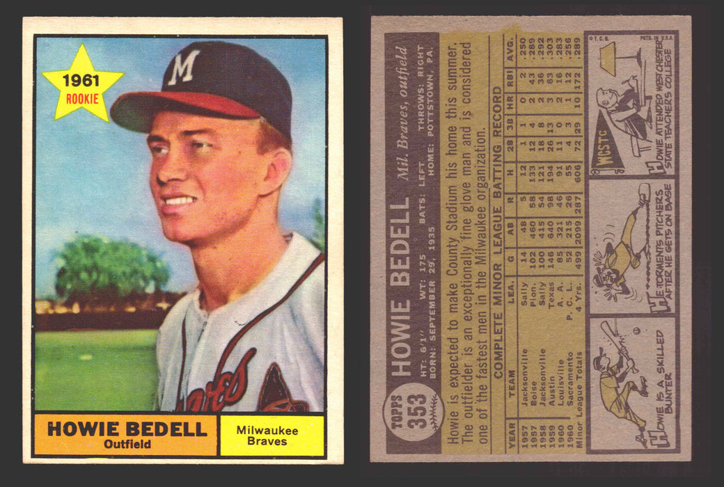 1961 Topps Baseball Trading Card You Pick Singles #300-#399 VG/EX #	353 Howie Bedell - Milwaukee Braves  - TvMovieCards.com