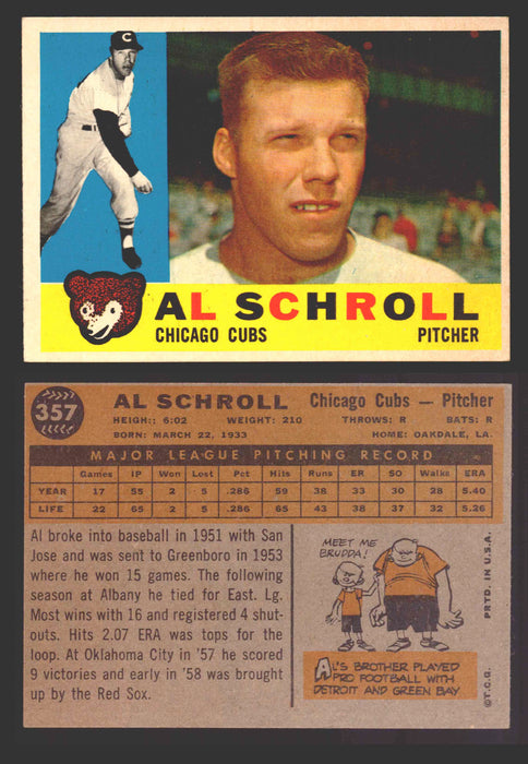 1960 Topps Baseball Trading Card You Pick Singles #250-#572 VG/EX 357 - Al Schroll  - TvMovieCards.com