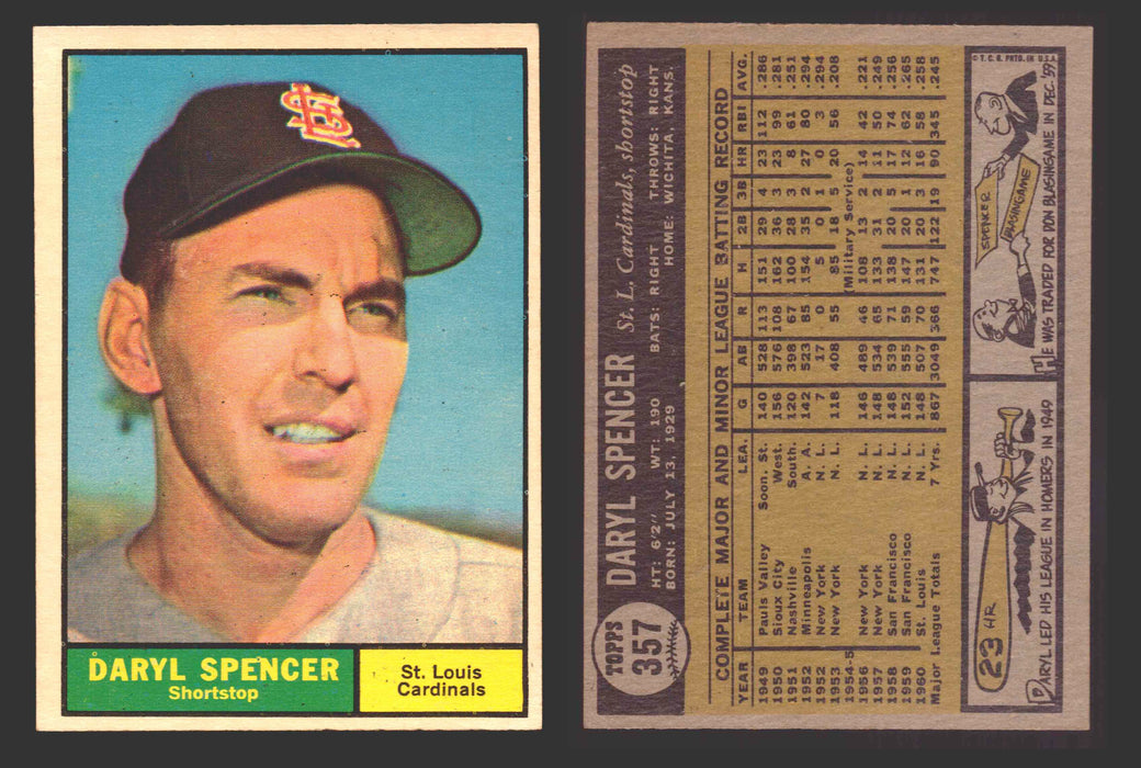 1961 Topps Baseball Trading Card You Pick Singles #300-#399 VG/EX #	357 Daryl Spencer - St. Louis Cardinals  - TvMovieCards.com