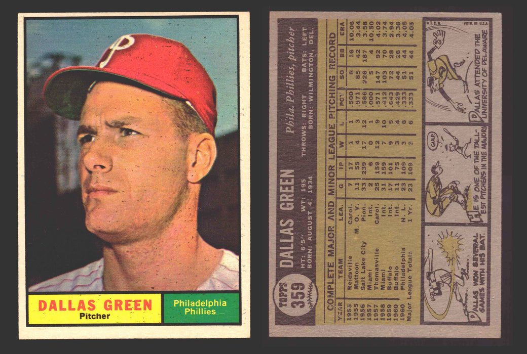 1961 Topps Baseball Trading Card You Pick Singles #300-#399 VG/EX #	359 Dallas Green - Philadelphia Phillies  - TvMovieCards.com