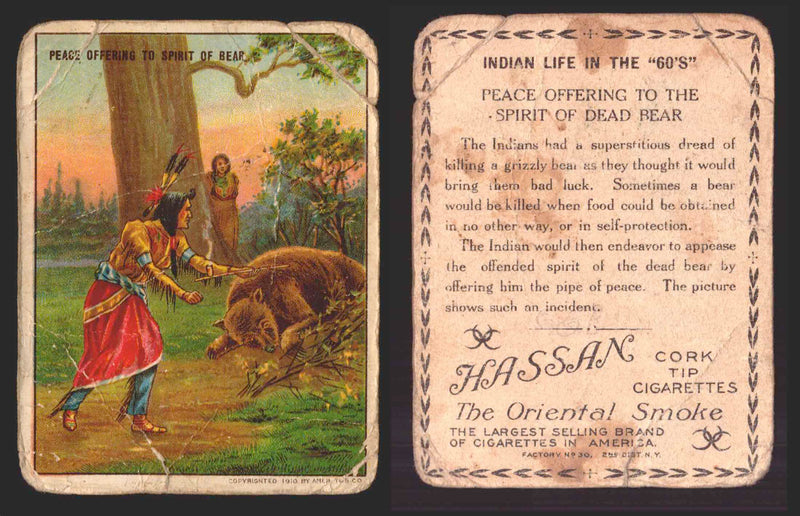 1910 T73 Hassan Cigarettes Indian Life In The 60's Tobacco Trading Cards Singles #35 Peace Offering to Spirit of Bear  - TvMovieCards.com
