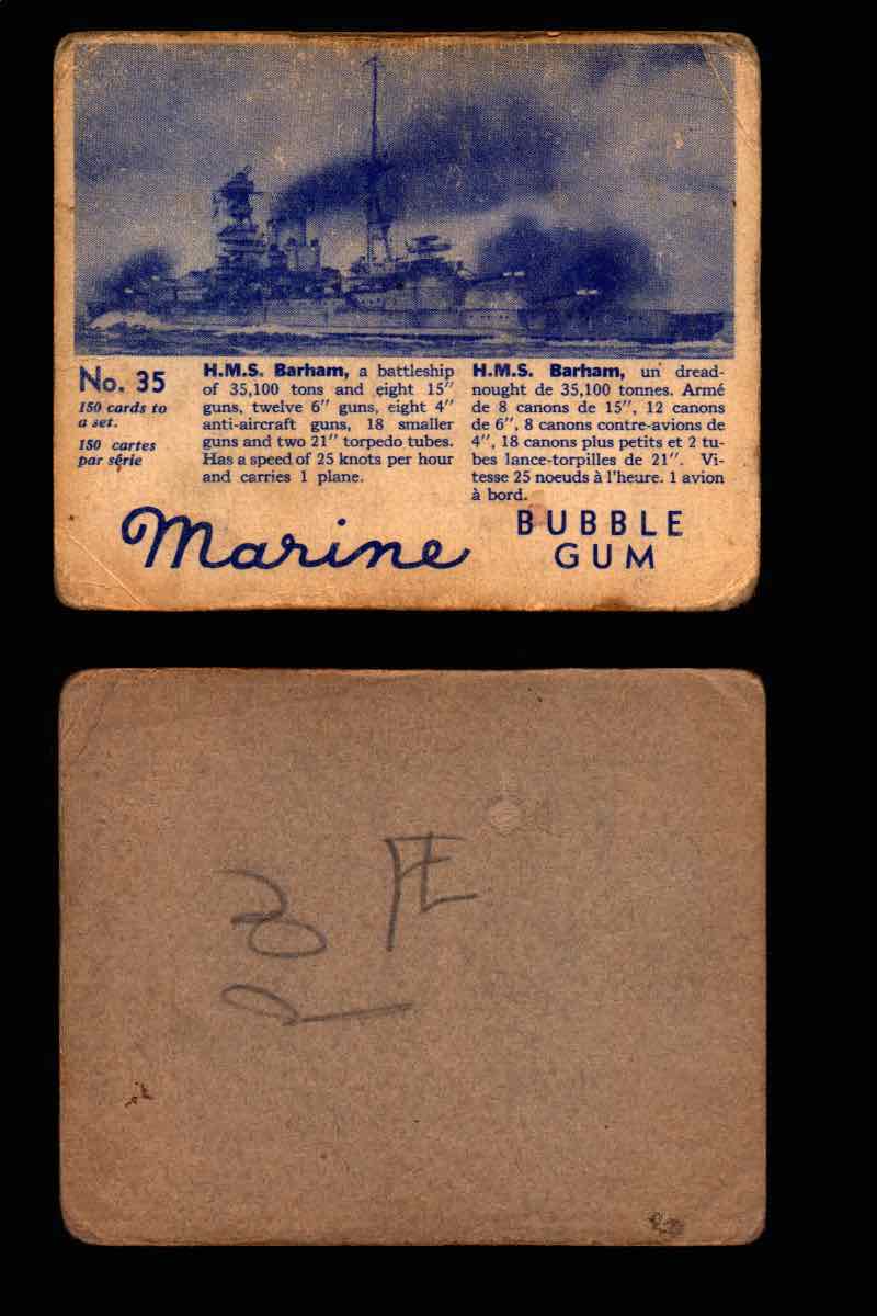1944 Marine Bubble Gum World Wide V403-1 Vintage Trading Card #1-120 Singles #35 H.M.S. Barham  - TvMovieCards.com