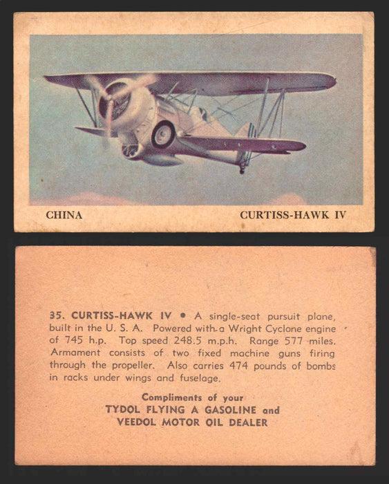 1940 Tydol Aeroplanes Flying A Gasoline You Pick Single Trading Card #1-40 #	35	Curtiss-Hawk IV  - TvMovieCards.com