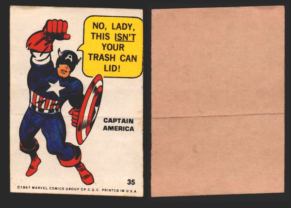 1967 Philadelphia Gum Marvel Super Hero Stickers Vintage You Pick Singles #1-55 35   Captain America - No lady this isn't your trash can lid!  - TvMovieCards.com