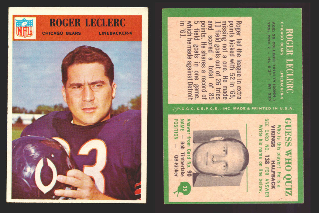 1966 Philadelphia Football NFL Trading Card You Pick Singles #1-#99 VG/EX 35 Roger LeCle - Chicago Bears  - TvMovieCards.com