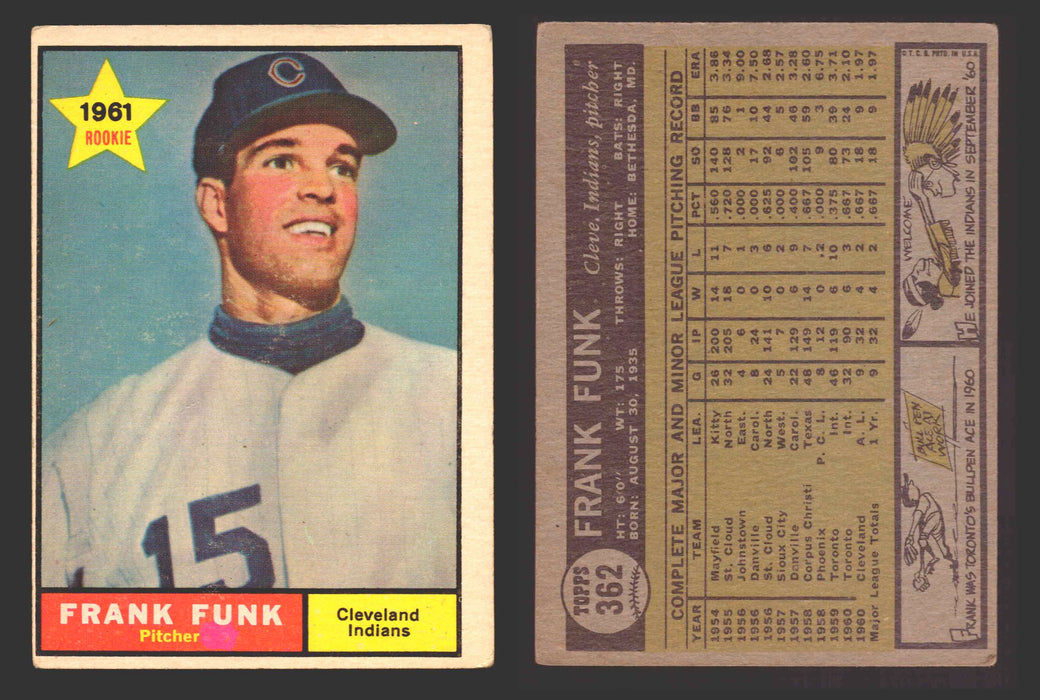 1961 Topps Baseball Trading Card You Pick Singles #300-#399 VG/EX #	362 Frank Funk - Cleveland Indians RC  - TvMovieCards.com