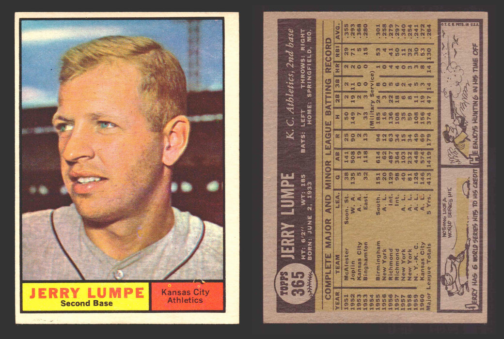 1961 Topps Baseball Trading Card You Pick Singles #300-#399 VG/EX #	365 Jerry Lumpe - Kansas City Athletics  - TvMovieCards.com