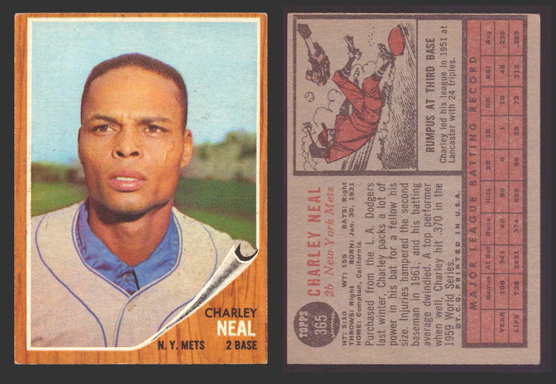 1962 Topps Baseball Trading Card You Pick Singles #300-#399 VG/EX #	365 Charlie Neal - New York Mets  - TvMovieCards.com