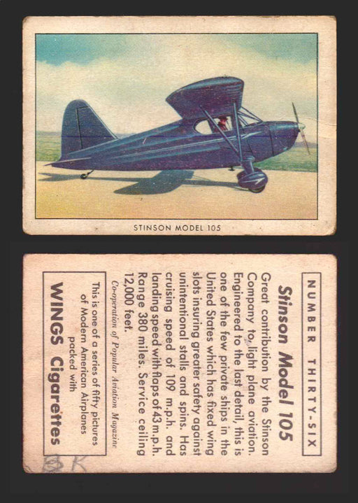 1940 Wings Cigarettes Modern Airplanes Series A B C You Pick Single Trading Card #36 Stinson Model 105 - TvMovieCards.com