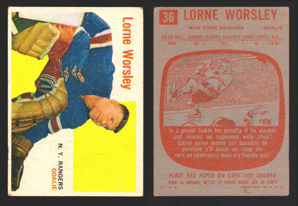 1960-61 Topps Hockey NHL Trading Card You Pick Single Cards #1 - 66 EX/NM 36 Lorne "Gump" Worsley  - TvMovieCards.com