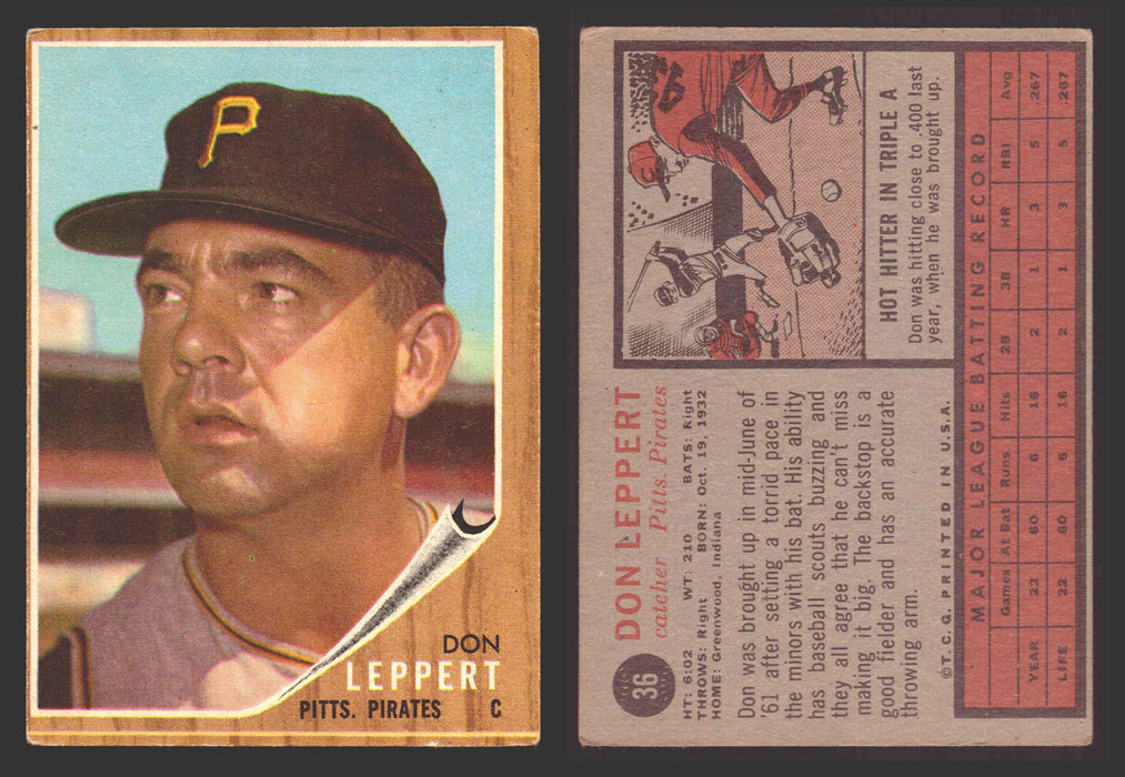 1962 Topps Baseball Trading Card You Pick Singles #1-#99 VG/EX #	36 Don Leppert - Pittsburgh Pirates RC  - TvMovieCards.com