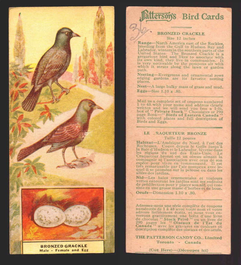 1924 Patterson's Bird Chocolate Vintage Trading Cards U Pick Singles #1-46 36 Bronzed Crackle  - TvMovieCards.com