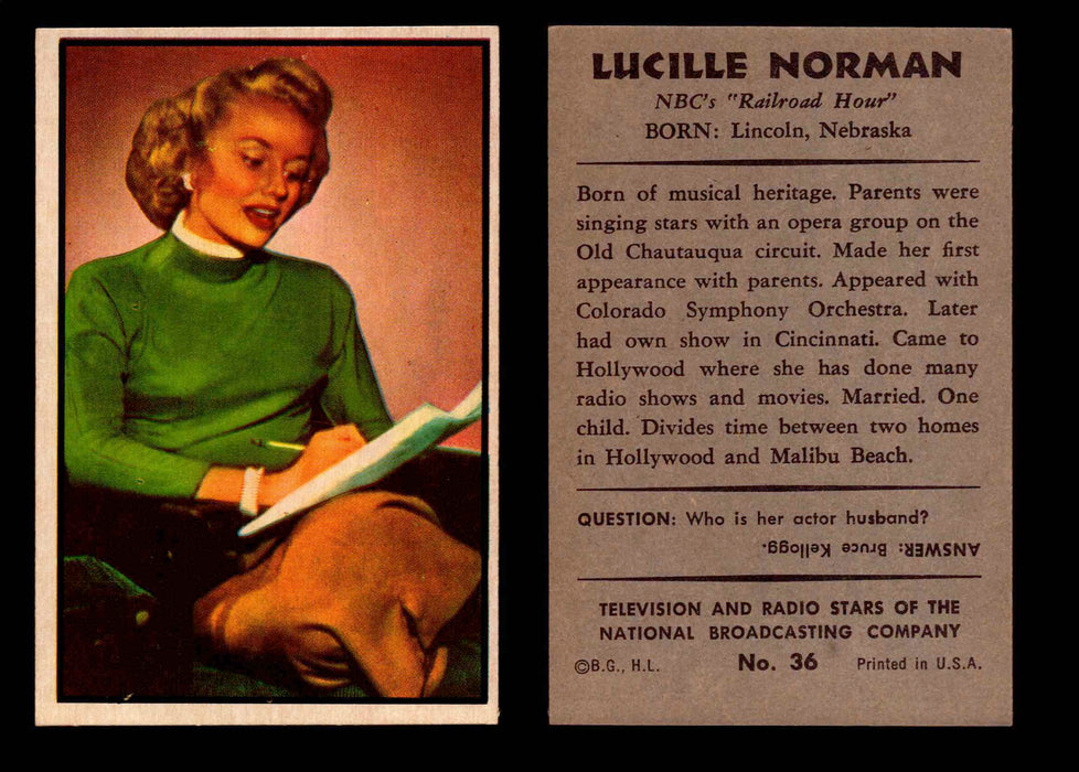 1953 Bowman NBC TV & Radio Stars Vintage Trading Card You Pick Singles #1-96 #36 Lucille Norman  - TvMovieCards.com