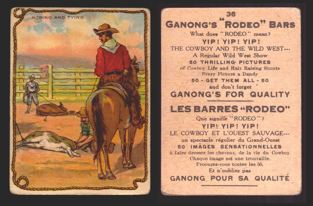 1930 Ganong "Rodeo" Bars V155 Cowboy Series #1-50 Trading Cards Singles #36 Roping and Tying  - TvMovieCards.com