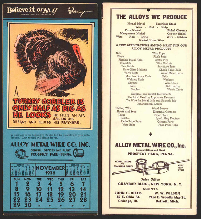 Ripley's Believe It or Not Facts Foldout Advertising Calendar 1933 - 1942 You Pi November	1936  - TvMovieCards.com