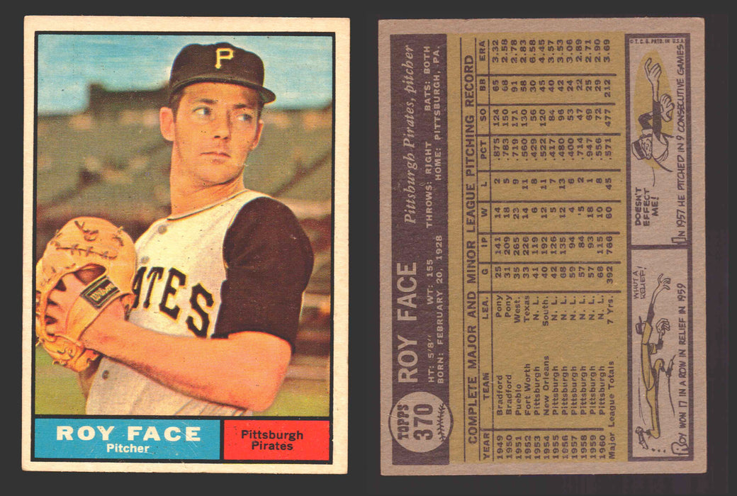 1961 Topps Baseball Trading Card You Pick Singles #300-#399 VG/EX #	370 Roy Face - Pittsburgh Pirates  - TvMovieCards.com
