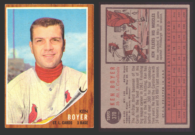 1962 Topps Baseball Trading Card You Pick Singles #300-#399 VG/EX #	370 Ken Boyer - St. Louis Cardinals  - TvMovieCards.com