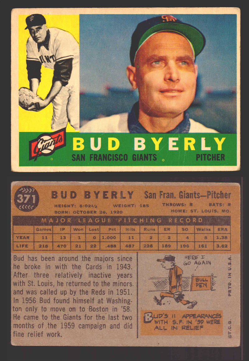 1960 Topps Baseball Trading Card You Pick Singles #250-#572 VG/EX 371 - Bud Byerly  - TvMovieCards.com